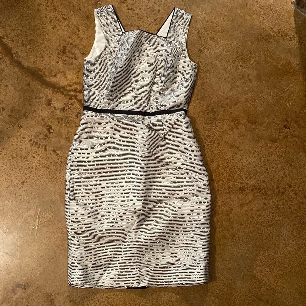 Ann Taylor black and white striped floral fitted sleeveless sheath mini dress